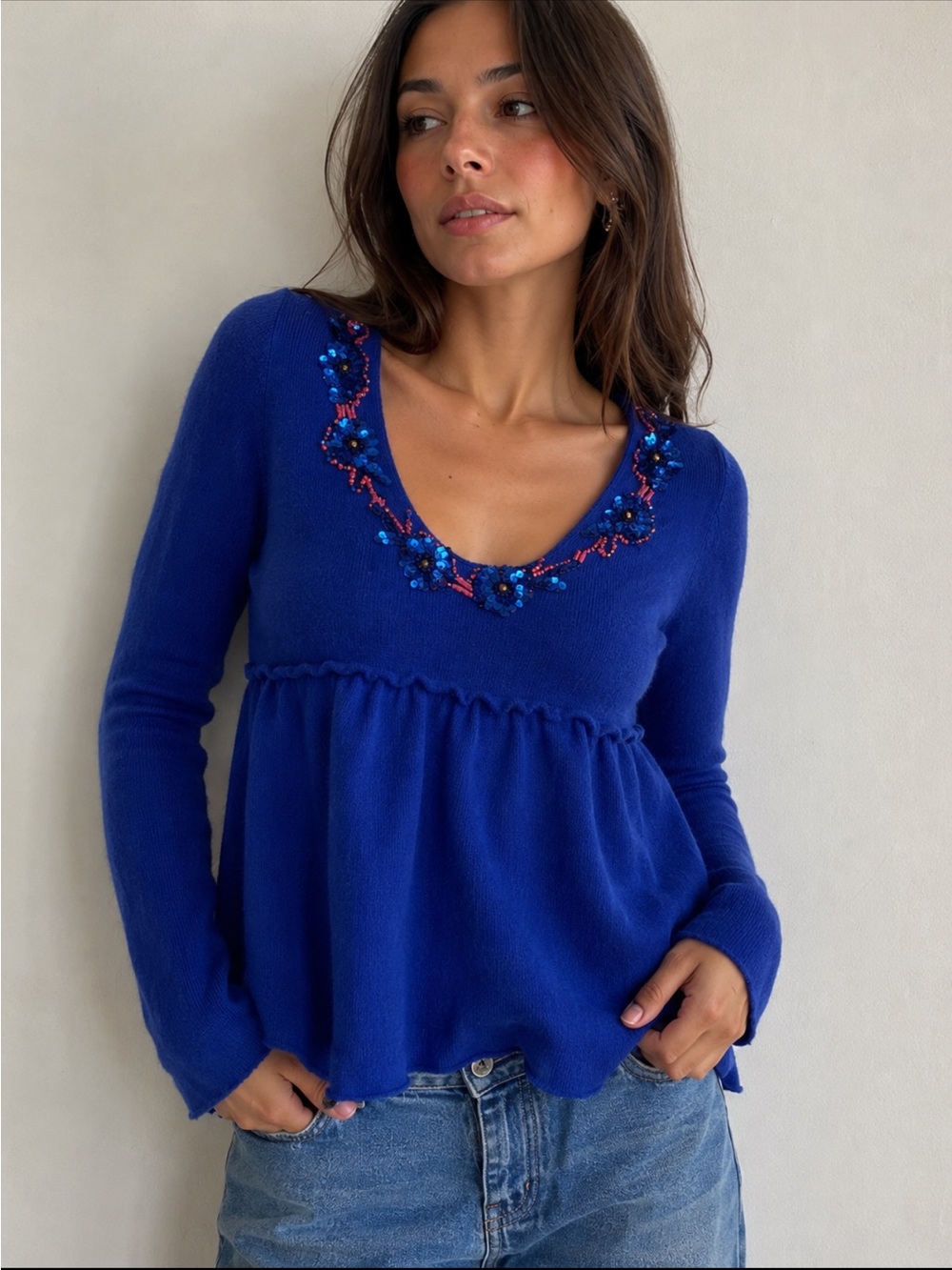 Free People Royal Blue sequins Embellished babydoll sweater size M